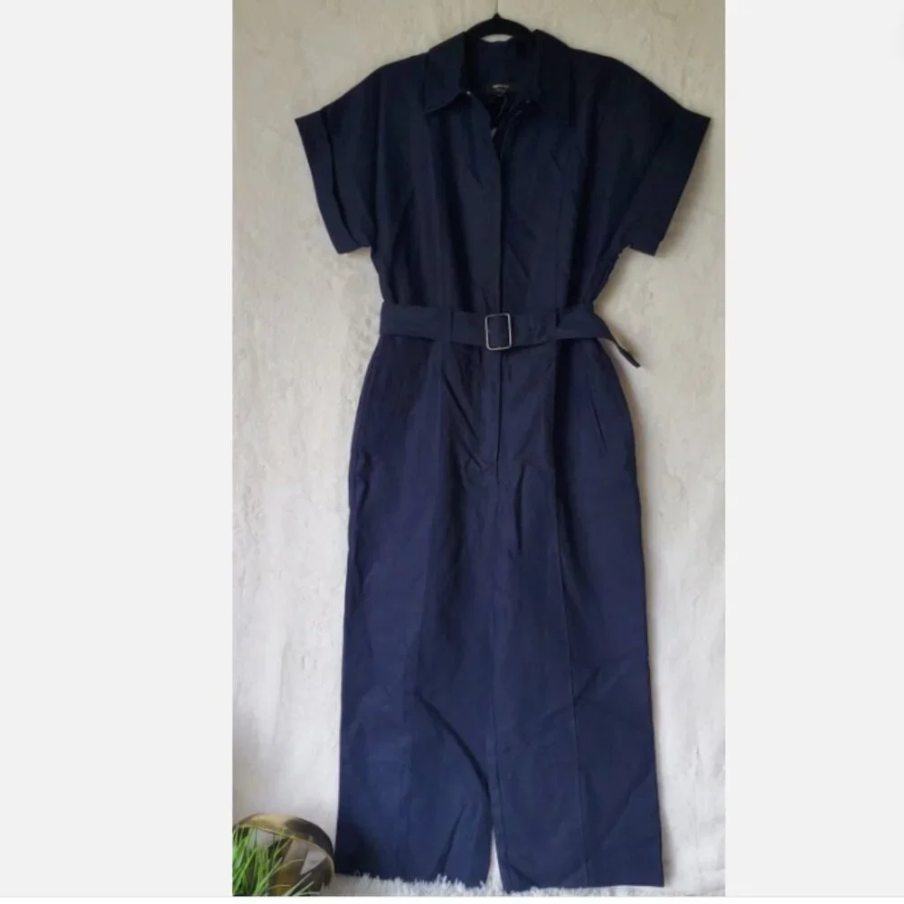 Banana Repubic Linen-Blend Belted Jumpsuit Navy Blue Size LARGE #705878 NWT $150